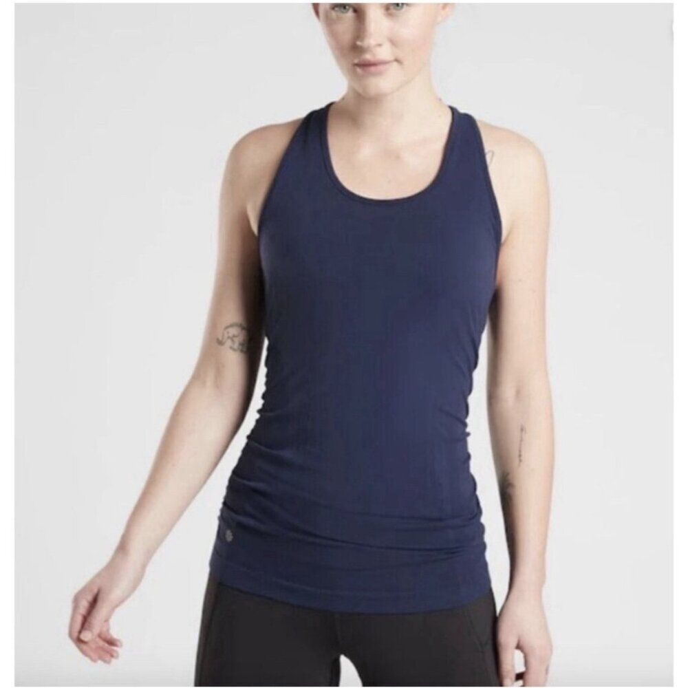 athleta womens solid navy blue racerback ruched nylon spandex tank top Seamless
